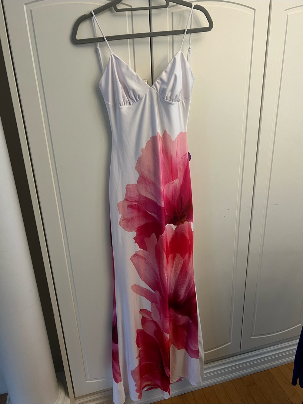 Women’s White Slip Dress with Pink Floral Print